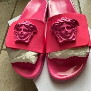 Versace pink patent leather slides